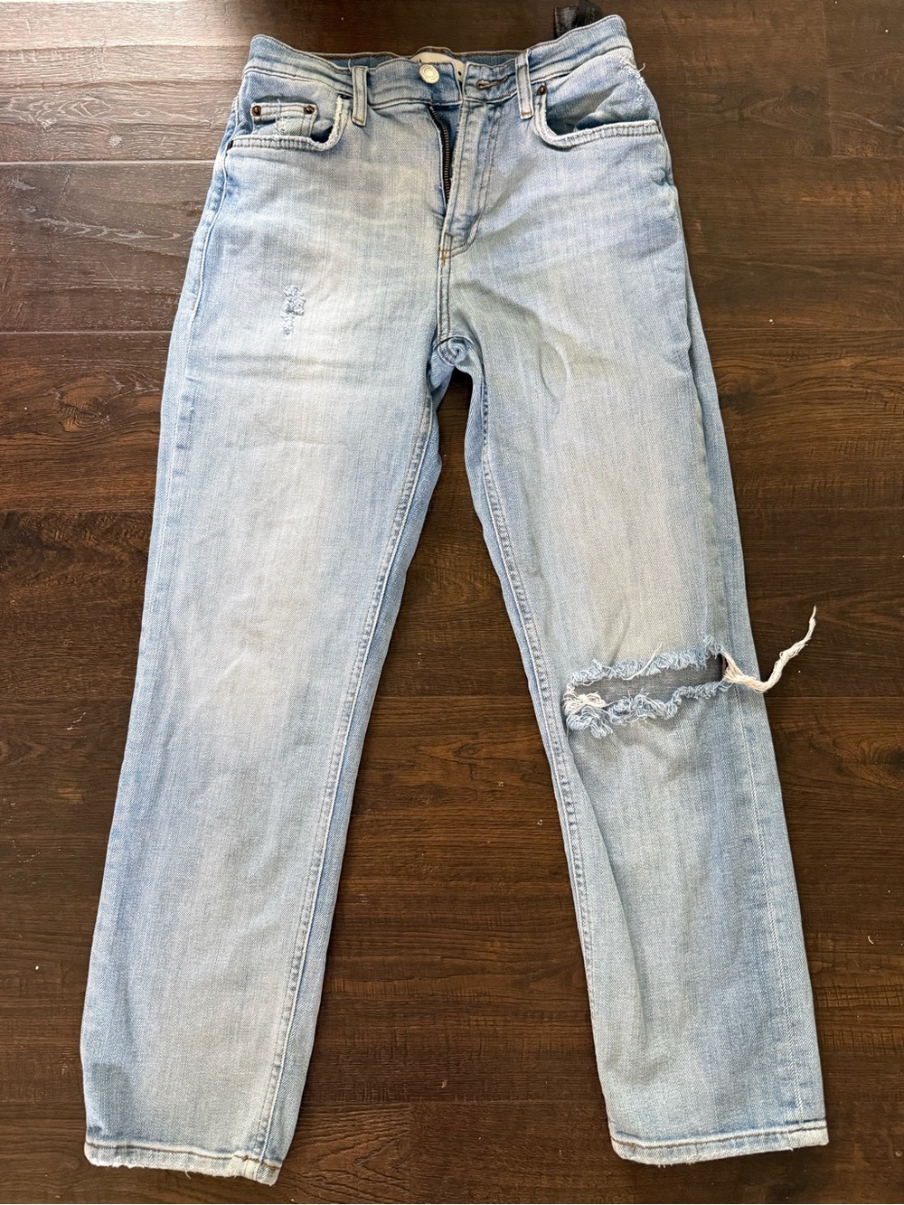 Zara Light Blue Women's Straight Leg Jeans with Knee Distress
